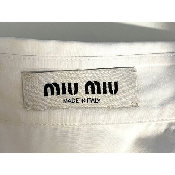 Miu Miu Womens White Button-Up Cropped Shirt With Embroidered Logo & Front Pocke - Picture 7 of 16